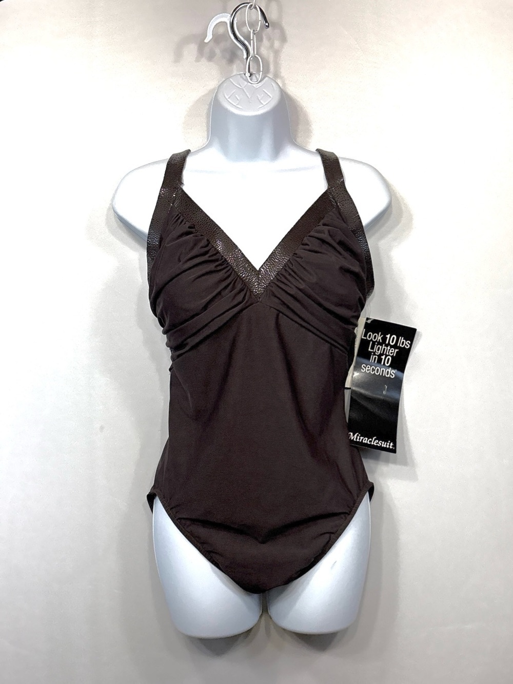 Miraclesuit 40168 One Piece Swimsuit Sz 16 Chocolate Brown Metallic V Neck NWT